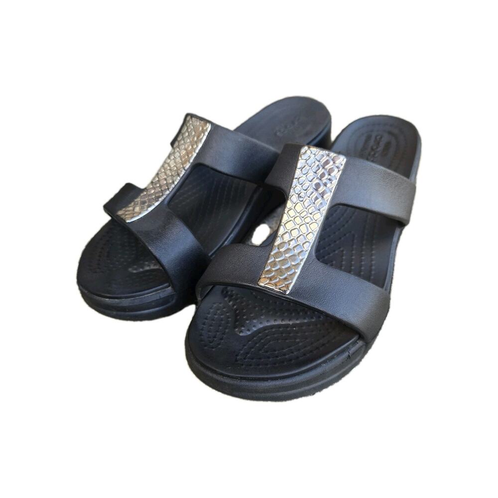 Crocs Monterey Slip-on Wedge, Black Metallic Stripe Women's Size 7